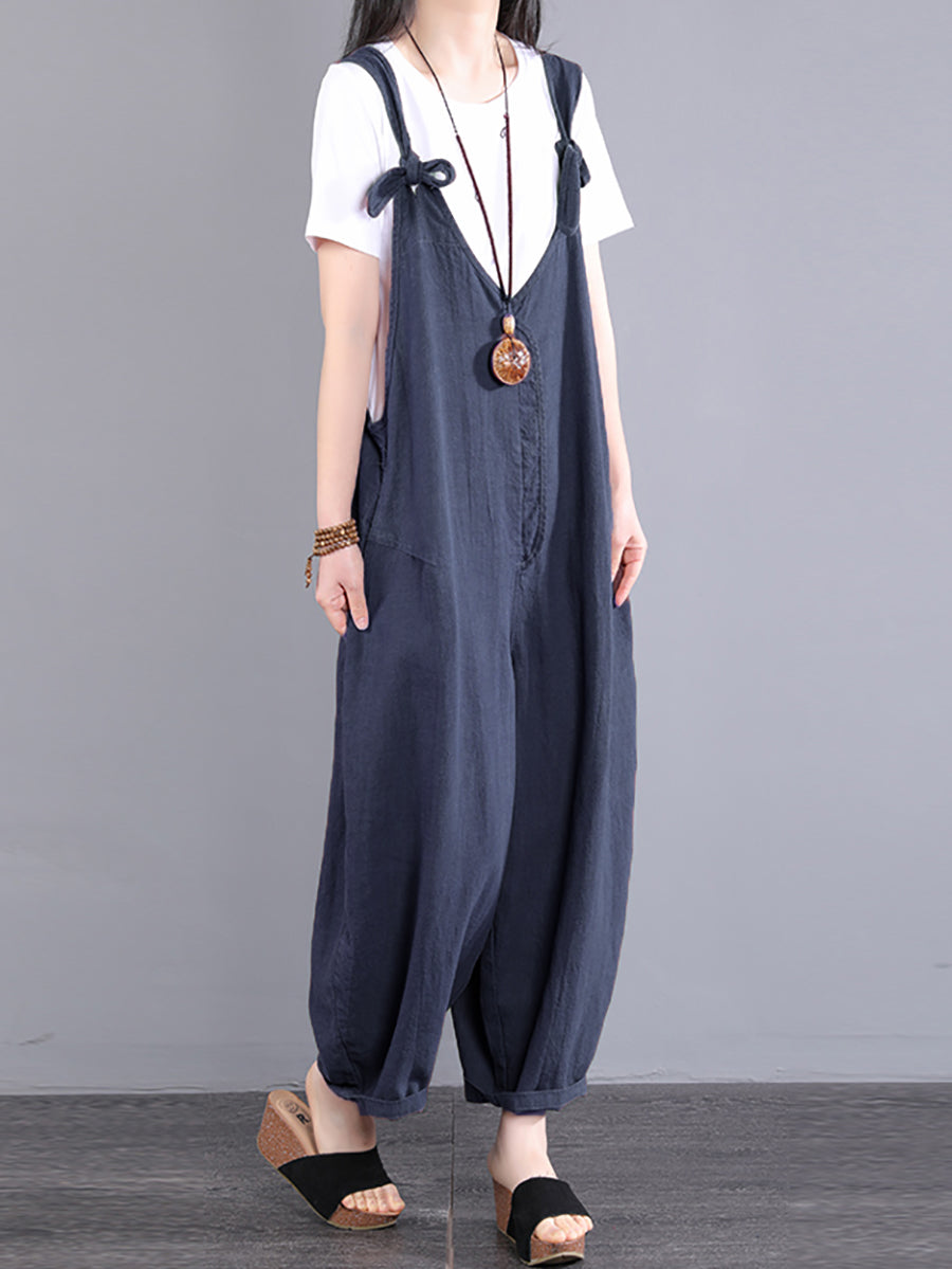 Plus Size Women Vintage Knot V-Neck Ramie Loose Jumpsuits