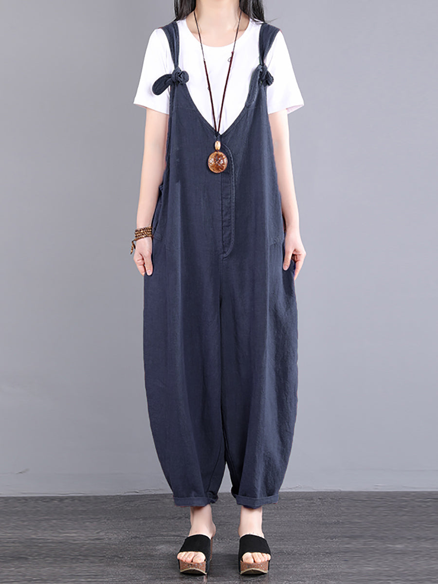 Plus Size Women Vintage Knot V-Neck Ramie Loose Jumpsuits