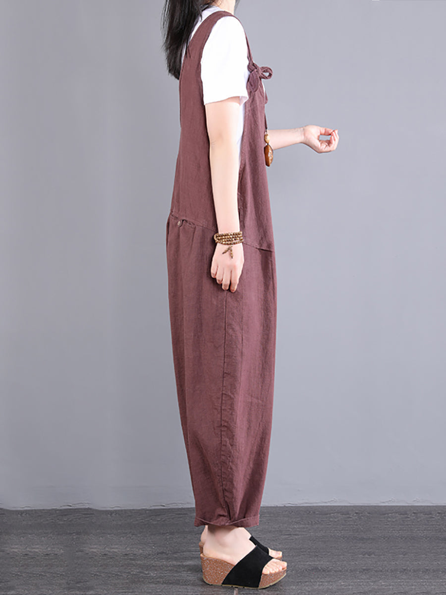 Plus Size Women Vintage Knot V-Neck Ramie Loose Jumpsuits