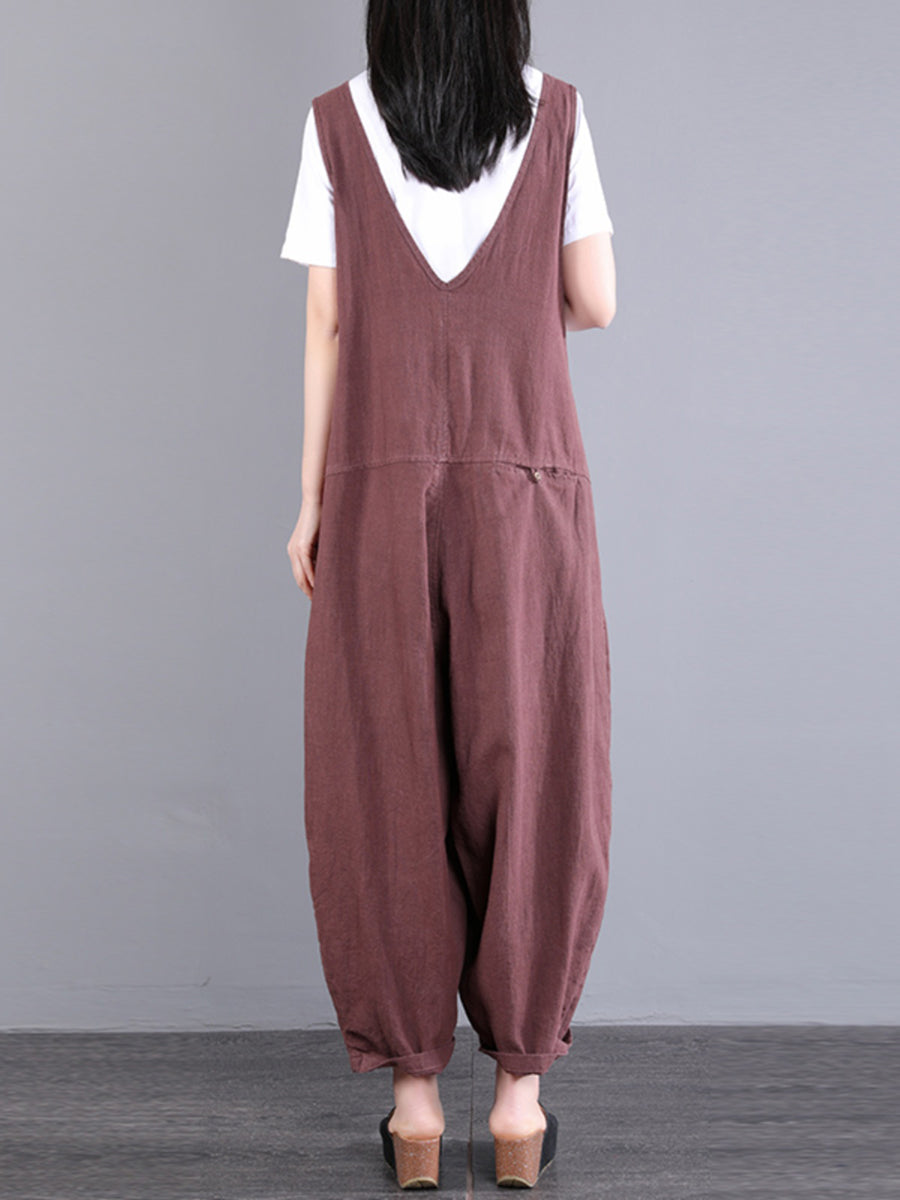 Plus Size Women Vintage Knot V-Neck Ramie Loose Jumpsuits