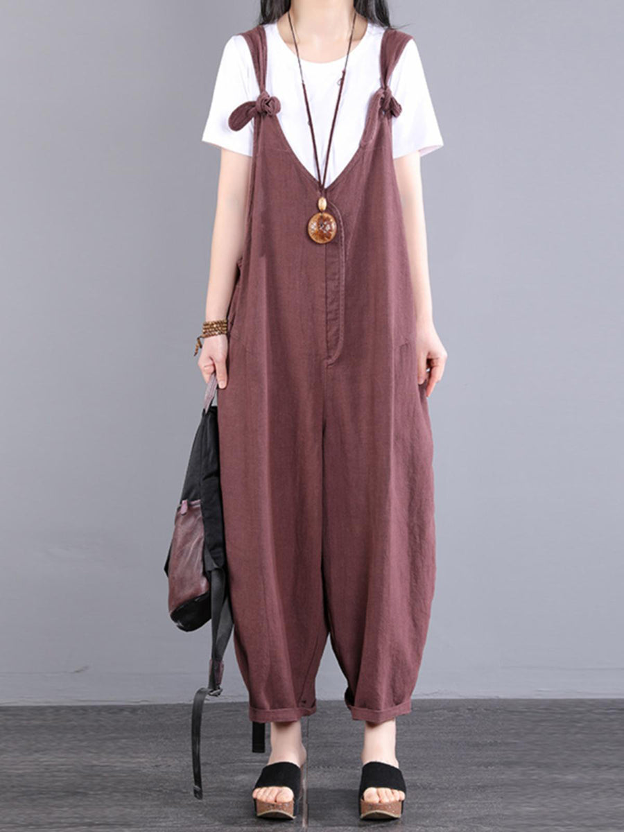 Plus Size Women Vintage Knot V-Neck Ramie Loose Jumpsuits