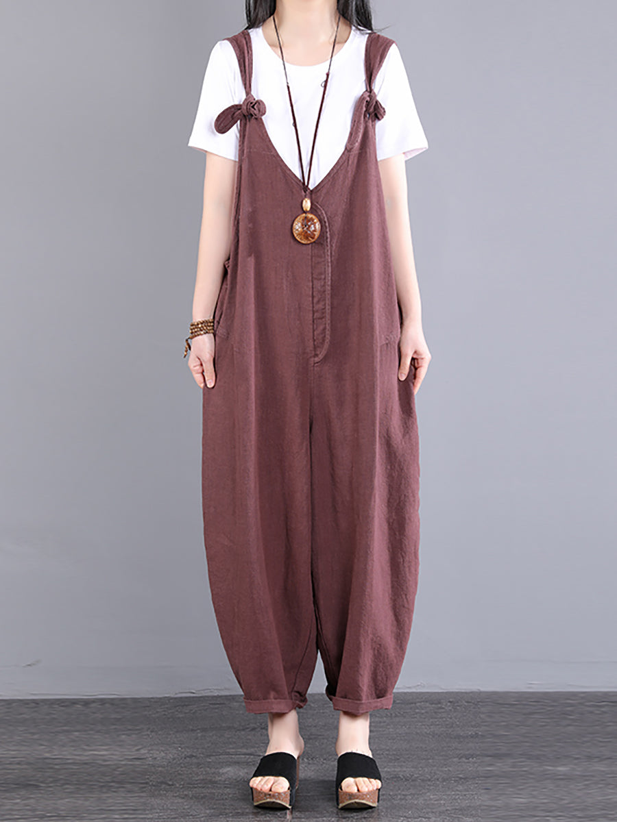 Plus Size Women Vintage Knot V-Neck Ramie Loose Jumpsuits